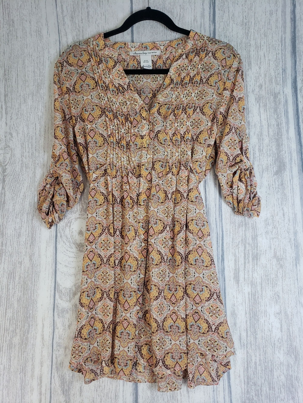 American Rag floral tunic Dress pintuck front design semi-sheer fabric Medium 1n
